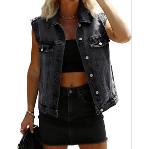 NEW Black Distressed Denim Classic Button Down Sleeveless Jean Vest L